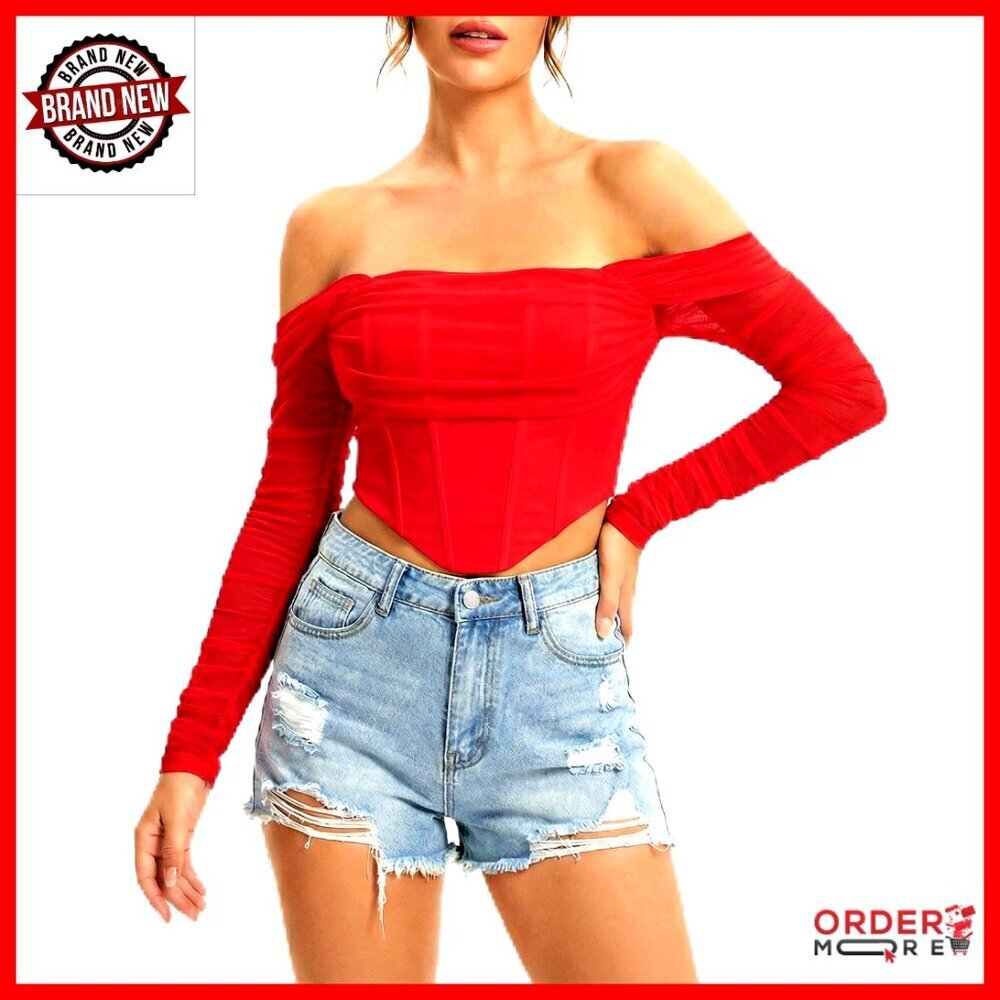 Long Sleeve Corset Top Off Shoulder Crop Y2K Bustier Boned Going Out